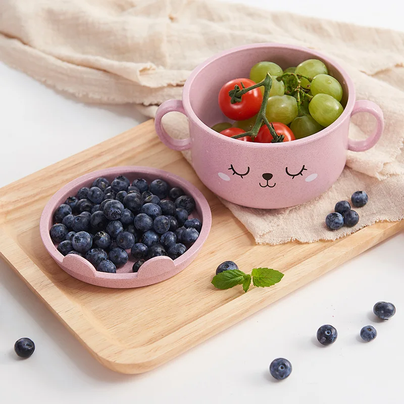 

Plastic Snack Plate Tableware Kids Cartoon Feeding Bowl with Cover Lunch Box Rice Noodles Wheat Straw Bowl Fruit Food Container