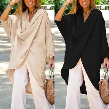 

ZANZEA Women Tops Blouses 2020 Retro Ladies Long Shirt Casual Cotton Tunic Loose V Neck Asymmetrical Blusas Femininas Oversize 7