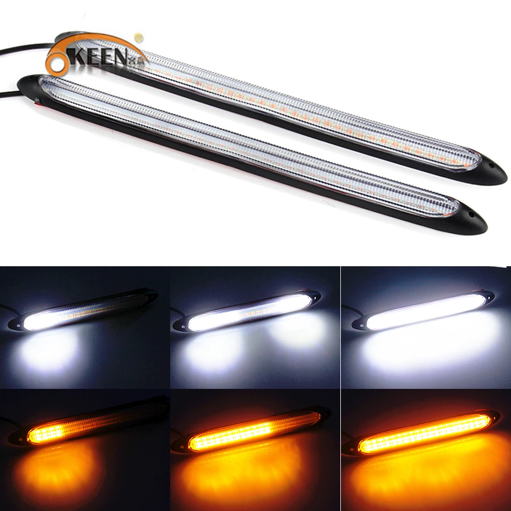 

2pcs Universal Car LED Daytime Running Light Waterproof Headlight Strip Sequential Flow Yellow Turn Signal White DRL Light