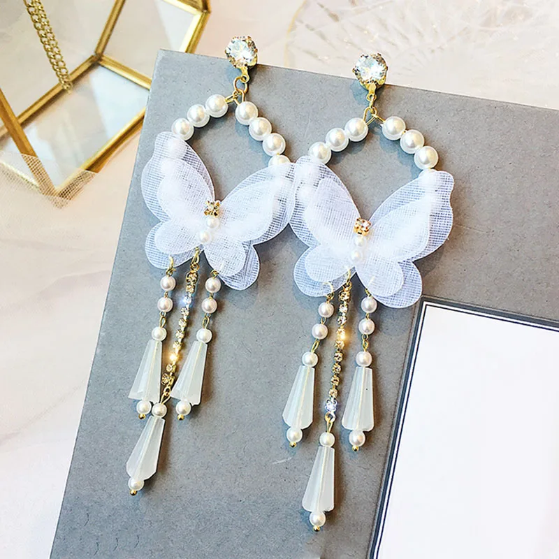 

Super fairy butterfly pearl earrings female temperament long earrings personality fashion exaggerated earrings 2019 new