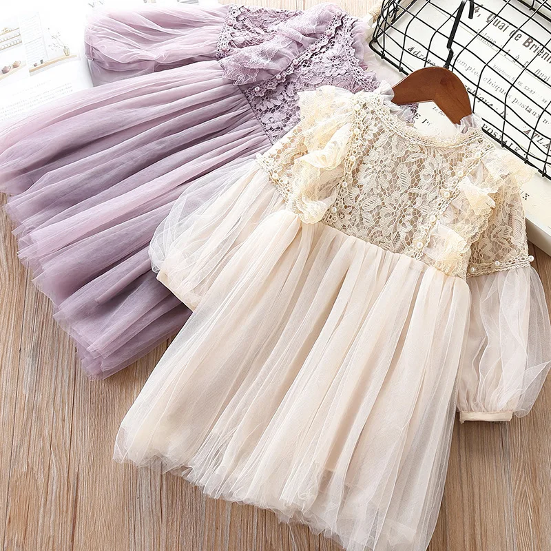 Платья для девочек вечерние платья принцессы с рукавами-фонариками; коллекция года; весеннее детское кружевное платье с жемчугом; фиолетовое и белое От 3 до 7 лет