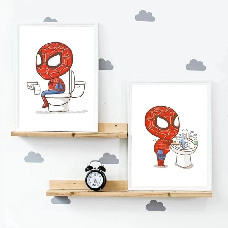 Marvel Movie Superhero Spiderman Cartoon Print Poster Bathroom Canvas  Paintings Funny Brushing Wall Art Picture Home Decoration - Painting &  Calligraphy - AliExpress
