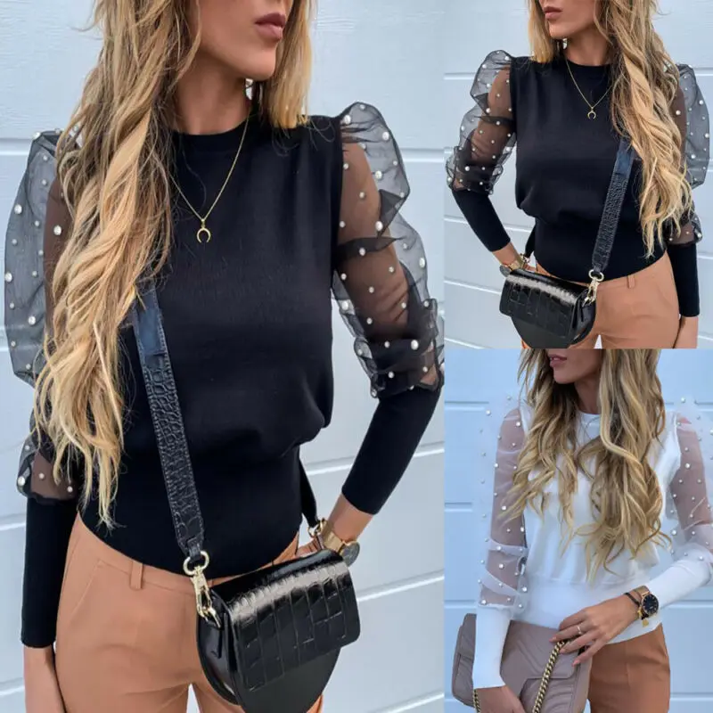 Модная женская рубашка с круглым вырезом, фатиновая рубашка с оборками и длинными рукавами-фонариками для женщин, однотонные женские рубашки, подходящие ко всему женские блузки, топы