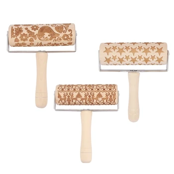 

Christmas Embossed Wooden Rolling Pins with 3D Engraved Christmas Pattern Embossing Rolling Pin for Embossed Cookies Waffles Pas