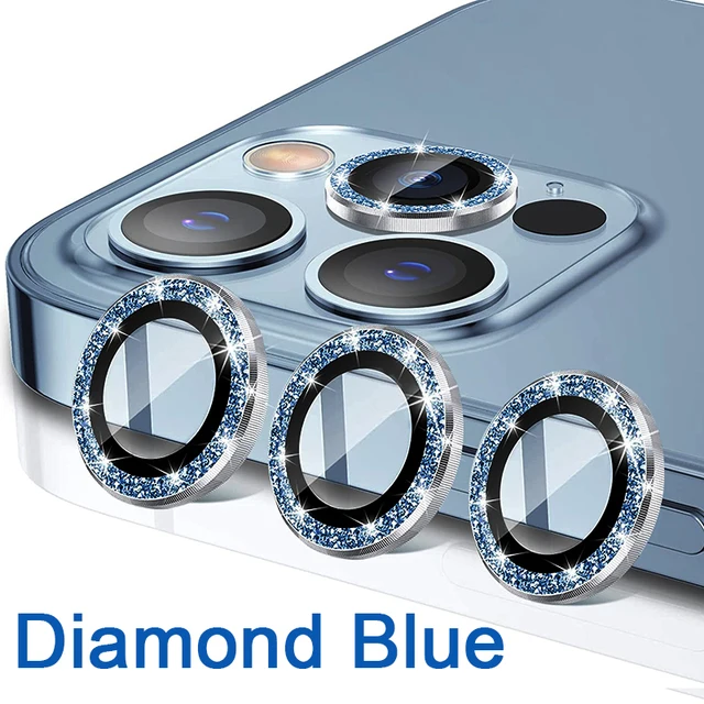 Diamond Glitter Camera Lens Protector On For iPhone 13 12 11 Pro Max Mini Metal Ring Lens Glass On iPhone 13 Pro Max Protective Diamond Blue
