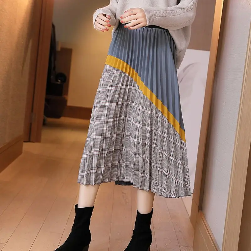 Зимние женские юбки, новинка, с принтом, завышенная эластичная Женская юбка миди, большие качели, вечерние, для отдыха, высокая уличная, осенняя, плиссированная N