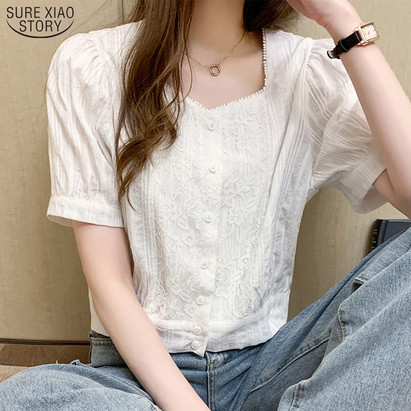 Blusas blancas con cuello cuadrado para Mujer, de encaje algodón para oficina, cárdigan liso, 2021|Blusas camisas| -