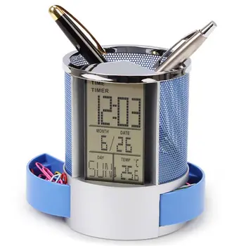 

Mesh Pen Pencil Holder With Digital Lcd Office Desk Clock With Time Temp Calendar Function Blue