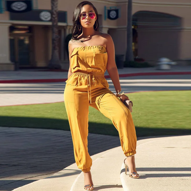Women Summer Beach Strapless Pocket Jumpsuit High Waist Elastic Lantern Long Playsuit Safari Romper Outfit 3 Color