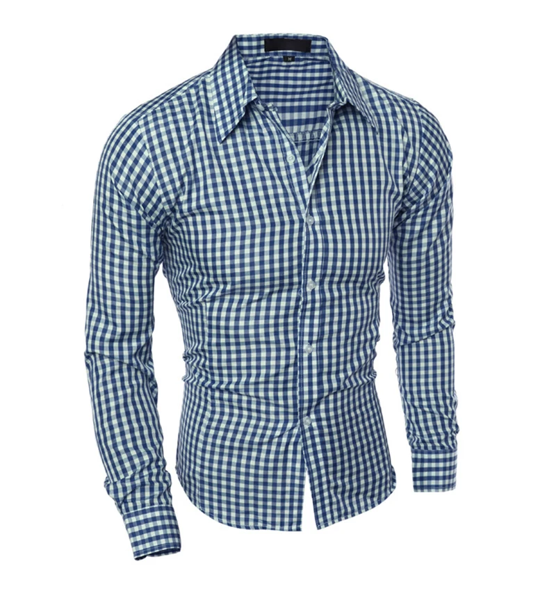 Модная мужская одежда Slim Fit для мужчин рубашка с длинными рукавами в клетку