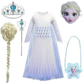 

New Movie Role Playing Snowflake Print Suits Elsa White Dress For Girl Snow Queen 2 Ending Frocks Elsa Inspired Cosplay Costume