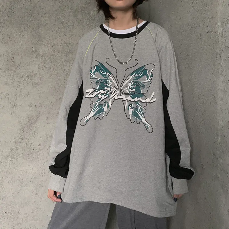 gray Уличная Harajuku негабаритная Бабочка печать унисекс пара Лоскутная Толстовка - Цвет: gray