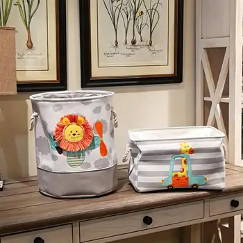 

Cute Cartoon Embroidery Canvas Linen Lion Giraffe Cartoon Canvas Storage Basket Folding Laundry Basket Dirty Clothes Organizer