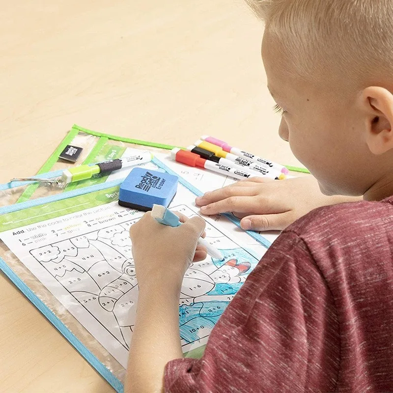 Kids Transparent Write+Wipe Pockets Reusable Dry Erase Pockets Sleeves