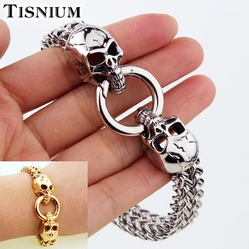 

Tisnium 12mm Steampunk Style Skull Design Bracelet For Men Cuban Link Chain Stainless Steel Jewelry Hip-hop Male Gifts Wholesale