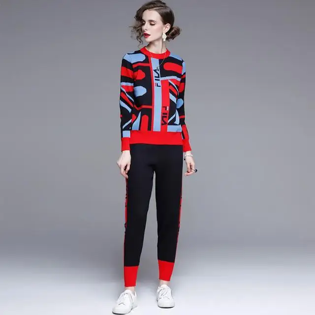 

Women's suit color contrast camouflage pattern Pullover knitting sweater + Leggings set women's knitting two piece set