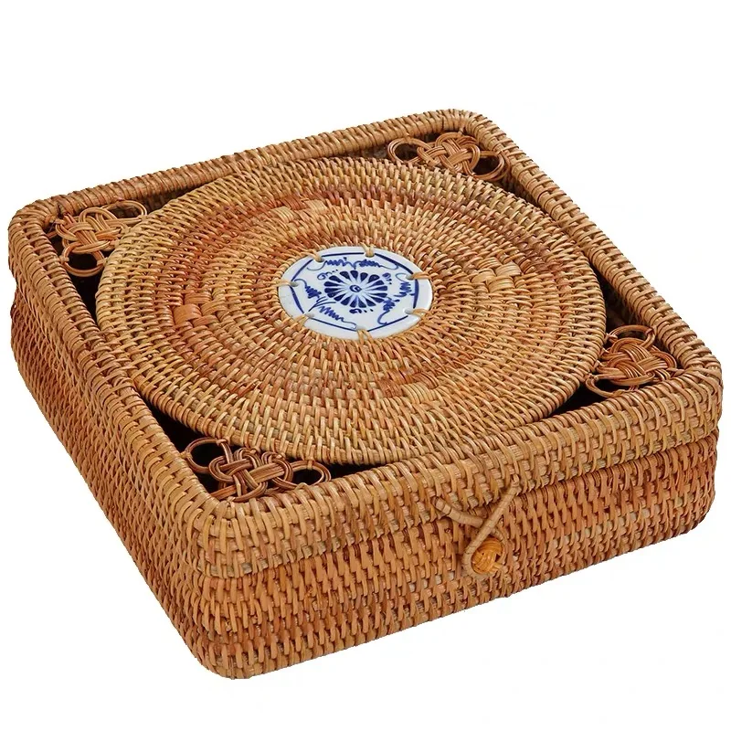 

Vietnam Autumn rattan Rdensely knitted Pu 'er tin tea box organizer square tea tin storage box Elegant quality Jewelry Box gift