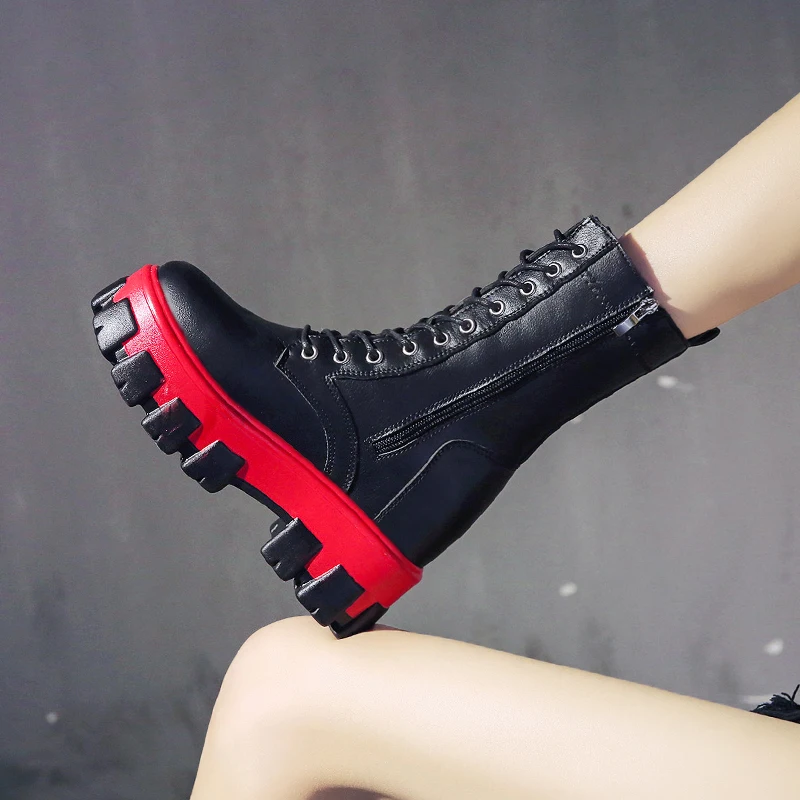 Womens Round Toe Ankel Martin Boots Lace Up Platform Wedeg Hidden Heel Warm Winter Punk Motorcycle Shoes New 3Colors A1810