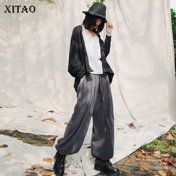 

XITAO High Waist Pleated Wide Leg Pants Fashion Elastic Waist Drawstring 2020 Spring Summer Casual Style Loose Pants ZLL4792
