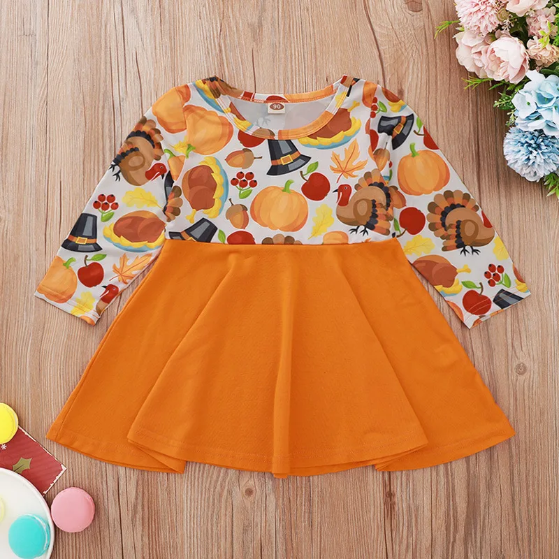 Autumn 2020 Girls Dress Winter Cute Long Sleeve Print Patchwork Orange Bottoms Vestidos 6M-4T | Детская одежда и обувь