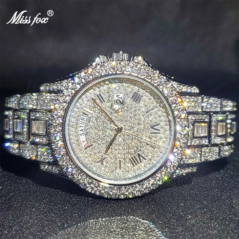 Relogio Masculino Luxury Missfox Ice Out Diamond Watch Multifunzione Day Date Adjust Calendar Orologi Al Quarzo Per Uomo Droshipping