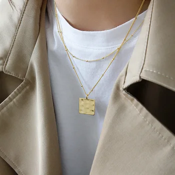 

Bumpy Square Pendant Necklace 100% 925 Sterling Silver Jewelry Polished Sweater Chain Gold Necklace Fashion Women Long Necklace