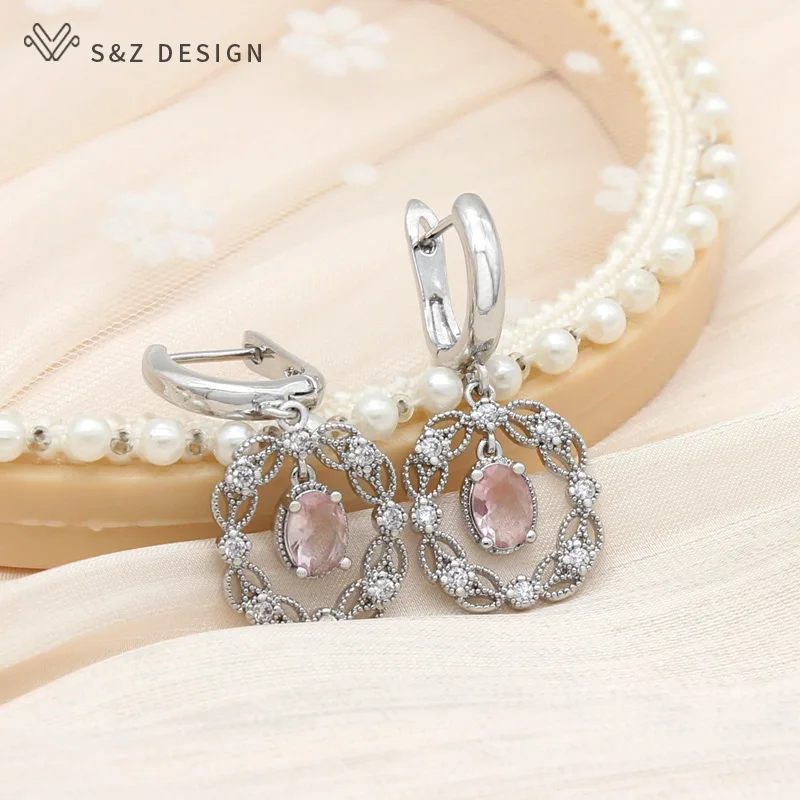 S&Z DESIGN New Fashion Cubic Zirconia Oval Crystal Dangle Earrings For Women Wedding 585 Rose Gold Color Jewelry Gift