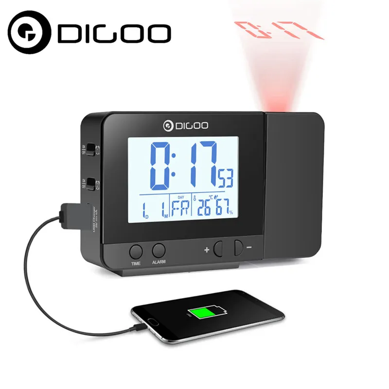 

Digoo DG-C10 LCD Wireless USB Rechargeable Backlight Projection Clocks Temperature Humidity Display Desk Clock for Phone Speaker