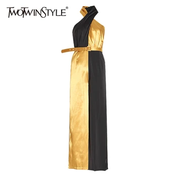 

TWOTWINSTYLE Elegant Patchwork Hit Color Jumpsuit Female Halter Sleeveless High Waist Tunic Jumpsuits Women 2020 Fashion Clothes