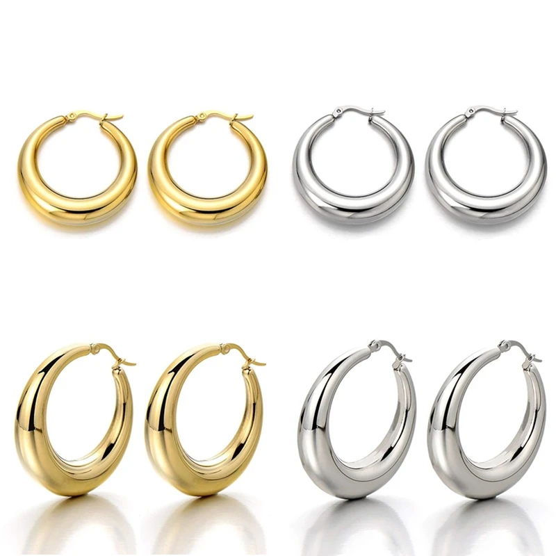 

Gold-Color IP Plating 316 Stainless Steel Hollow Hand Polishing Hoop Earrings No Fade Allergy Free Classical Brief Style