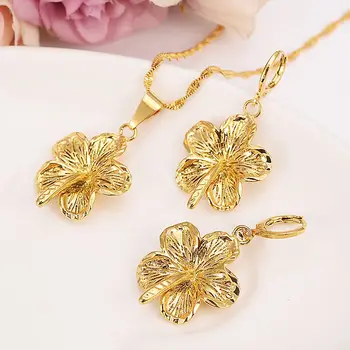 

Ethiopian 9 K Solid Fine G/F Gold big Flower set women girls Jewelry Pendant Chain Earrings African Bride Wedding Flower Bijoux