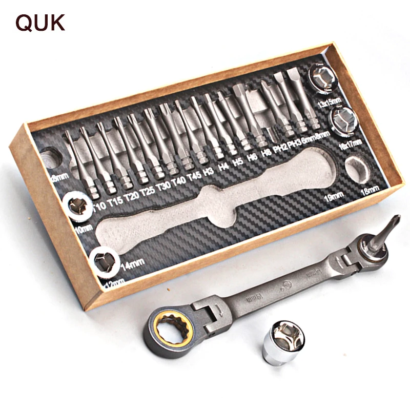 Quk 23pcs Ratchet Torx Wrench Set Universal Adjustable Double End