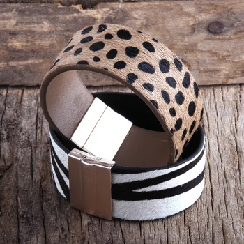 

RH Fashion 2.8cm Leather Armbander Magnetic Clasp Real Leopard Horsetail Leather Wrap Bracelets For Women