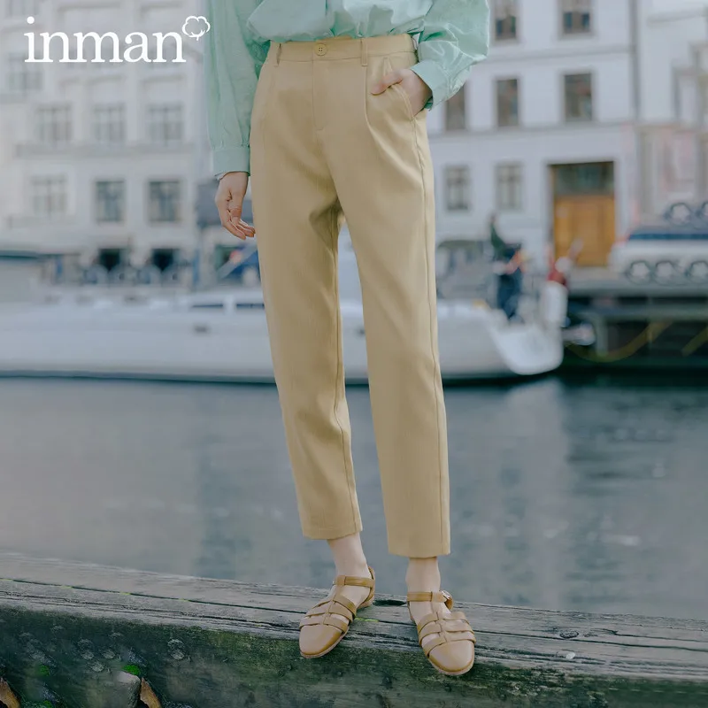 

INMAN 2020 Spring New Arrival Literary Waistline Loose Leisure Pure Color Bound Feet Overalls