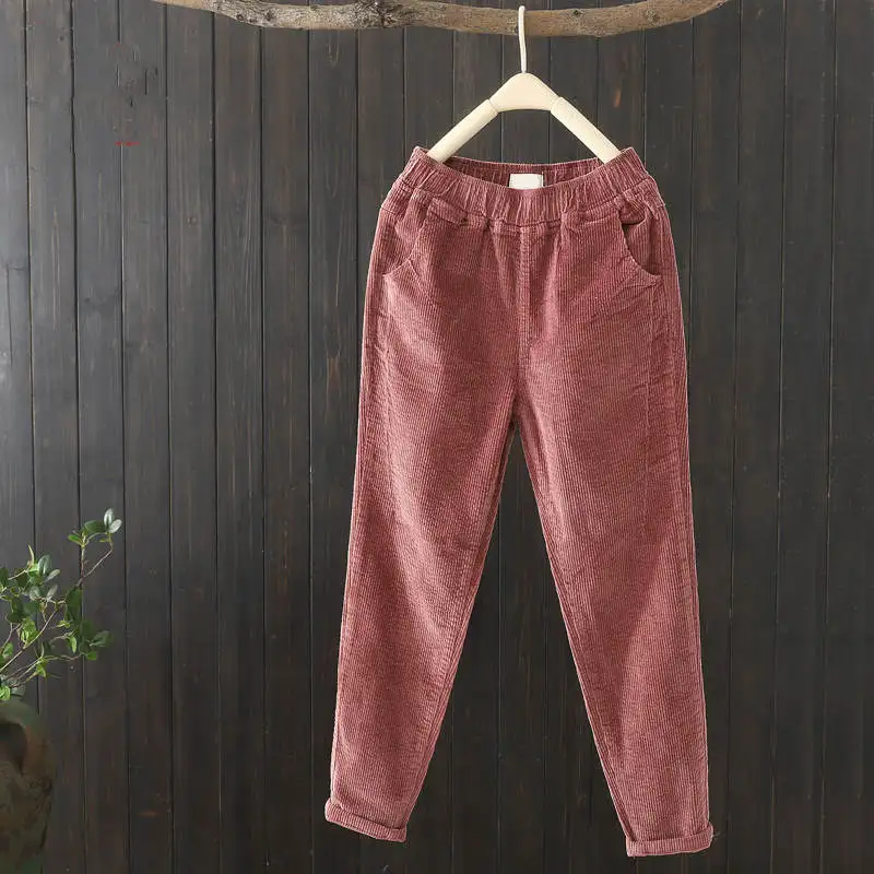 Осенне-зимние женские длинные брюки больших размеров XXXL вельветовые брюки женские брюки с эластичной резинкой на талии женские бархатные шаровары HK160 - Цвет: Розовый