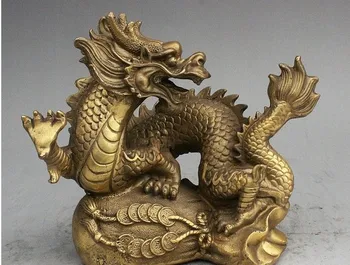 

YM 316 8" Folk China FengShui Brass Money Auspicious Rich Coin Bag Zodiac Dragon Statue