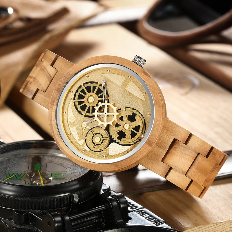 Creative Men's Quartz Movement Wooden Watch Gear Dial Design Features Hands Wooden Strap Business Fashion Gifts for Men 2021 New