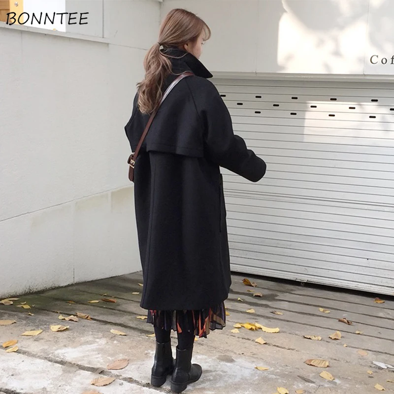 

Wool Blends Women Korean Style New Fashion Womens Coat Large Size Slim Solid Pockets Single Breasted All-match Soft Loose Chic