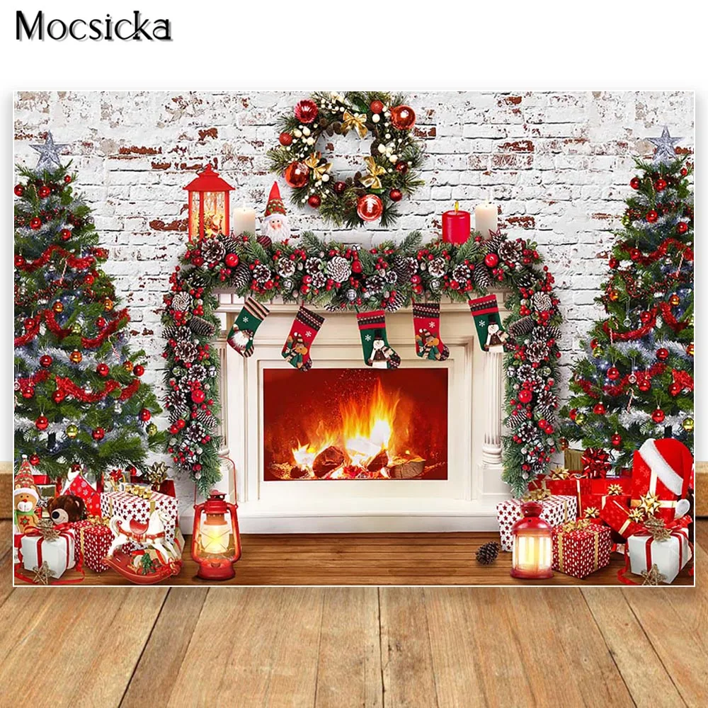 Winter Christmas Fireplace Backdrop Christmas Tree Gifts Photography  Background