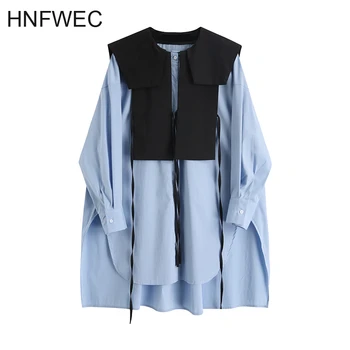 

Korea Women Blouse Patchwork Color Matching Irregular Cotton Womens Tops Blouses Asymmetry Fake Two Casual Shirts 2020 New V996