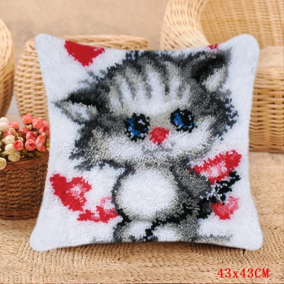 Three Cats Latch Hook Pillow Smyrna For Flowers Carpet Embroidery Cushion Button Package Latch Hook Kits Do-It-Yourself Carpets