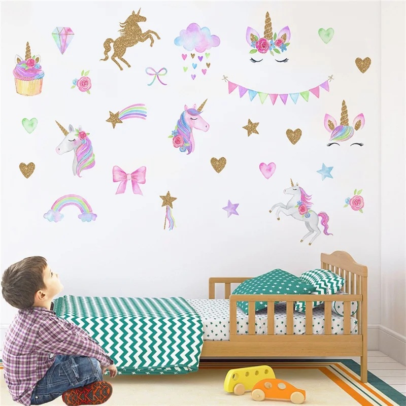 

Golden Unicorn Wall Sticker Dedicated Painting Children's Cartoon Bedroom Wall Decoration Girl's Gift Poster Mural 2020 Home
