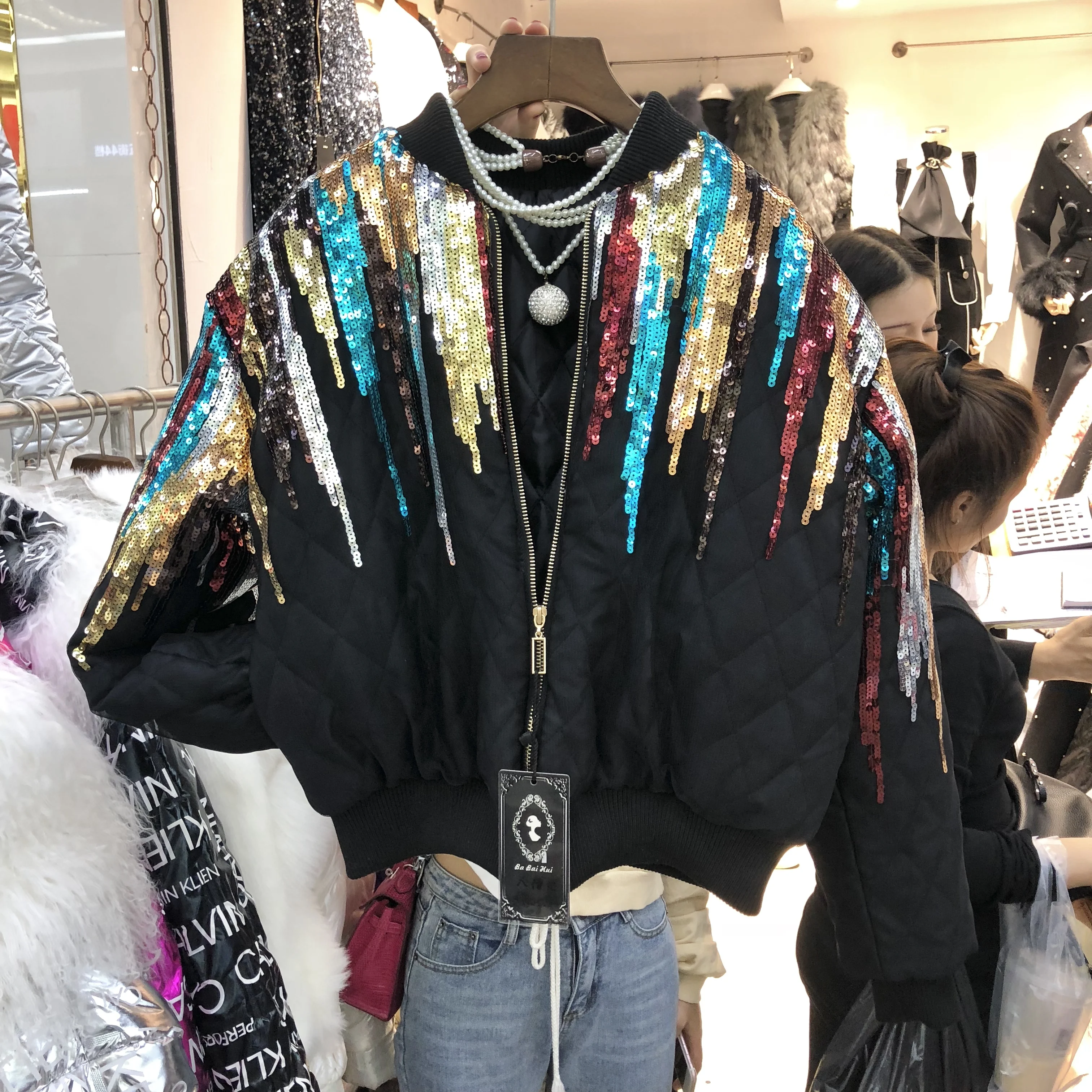 

Colorful Sequined Cotton Jacket Women's Bling Sequin Padded with Mesh Zipper Short Winter Jacket Womens Jacket Chaqueta Mujer