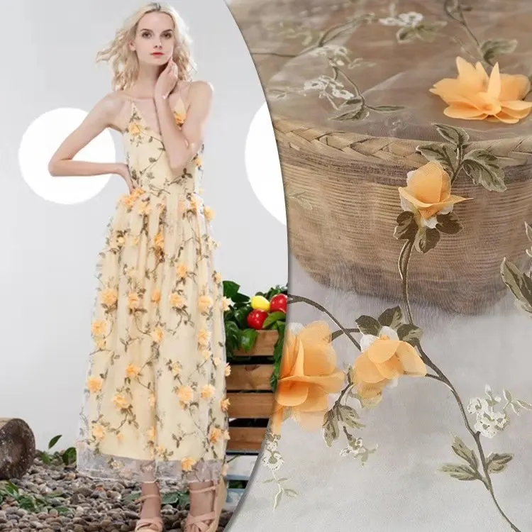 

Floral Lace Fabric DIY Material 3D Flower Design Wedding Dress Sewing Skirt Tulle 1 Meter Length