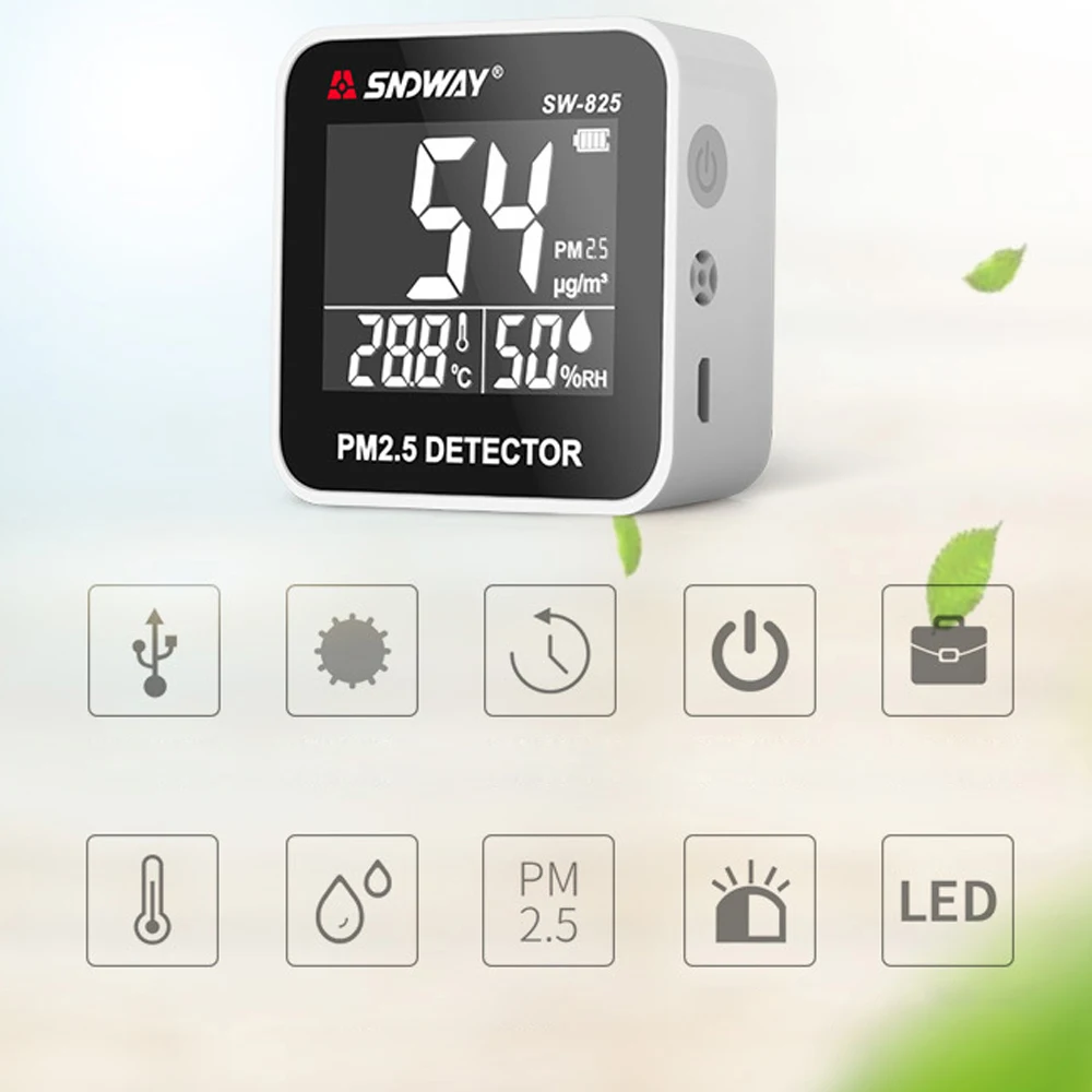 

SNDWAY HD LED Digital Display Air Quality Analyzer Mini USB Rechargeable PM2.5 Detector Tester Gas Monitor Temperature Meter