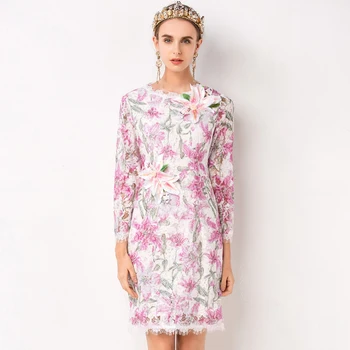 

New Runway Designer Lace Dress Women's High Quality Long Sleeve Lace Lilies Appliques White Lace Dresses