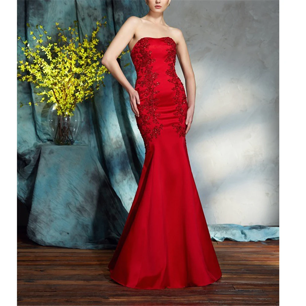 Красный атлас Vestidos De Fiesta de Noche без бретелек Аппликация из бисера Русалка ручной работы мать невесты платья с жакетом