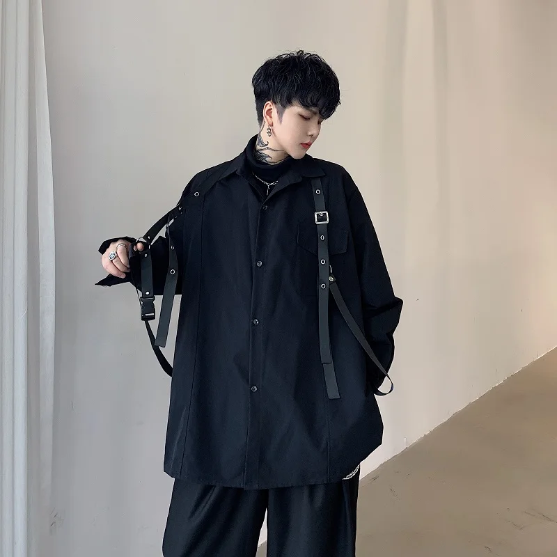 2021 Long Sleeve Leather Strap Loose Casual Black Cargo Shirt Male Women Streetwear Hip Hop Punk Gothic Stage Party Dress Shirt pirate party equipped weapon props children s day performance plastic toys small dagger act the role ofing is tasted knife 2021