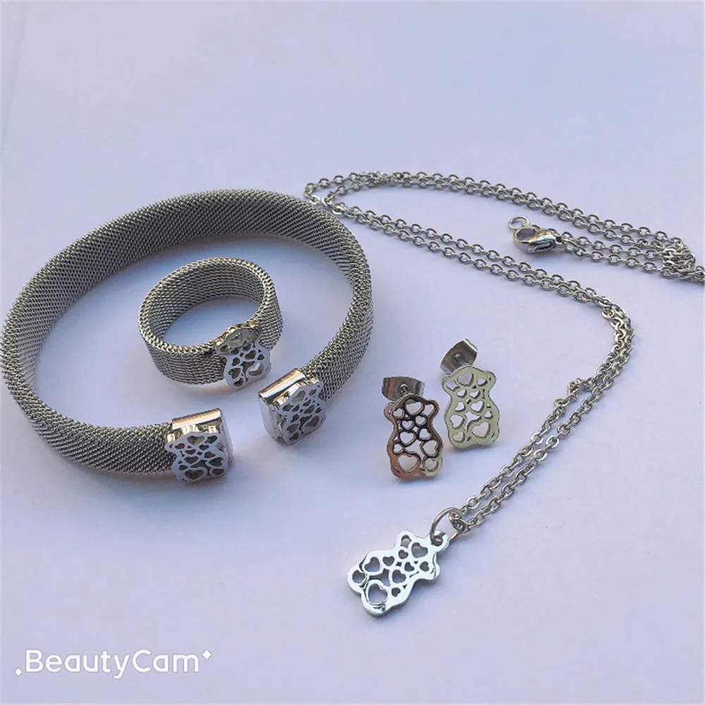

bear jewelry set earrings necklace bracelet ring 4 for a set super top high quality stainless steel best gift for friends