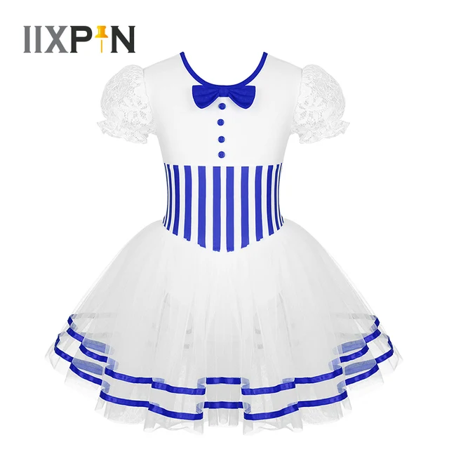US $13.26 Girls Christmas Ice Skating Dress Puff Sleeves Striped Printed Waist Baton Twirling Mesh Leotard Fi